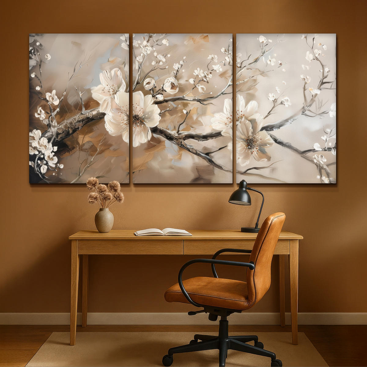 LEINWANDBILD 3er Set Blüte - Beige - Abstrakt - Blumen 240x120 cm - Hellbraun, Textil (240/120cm) - MuchoWow