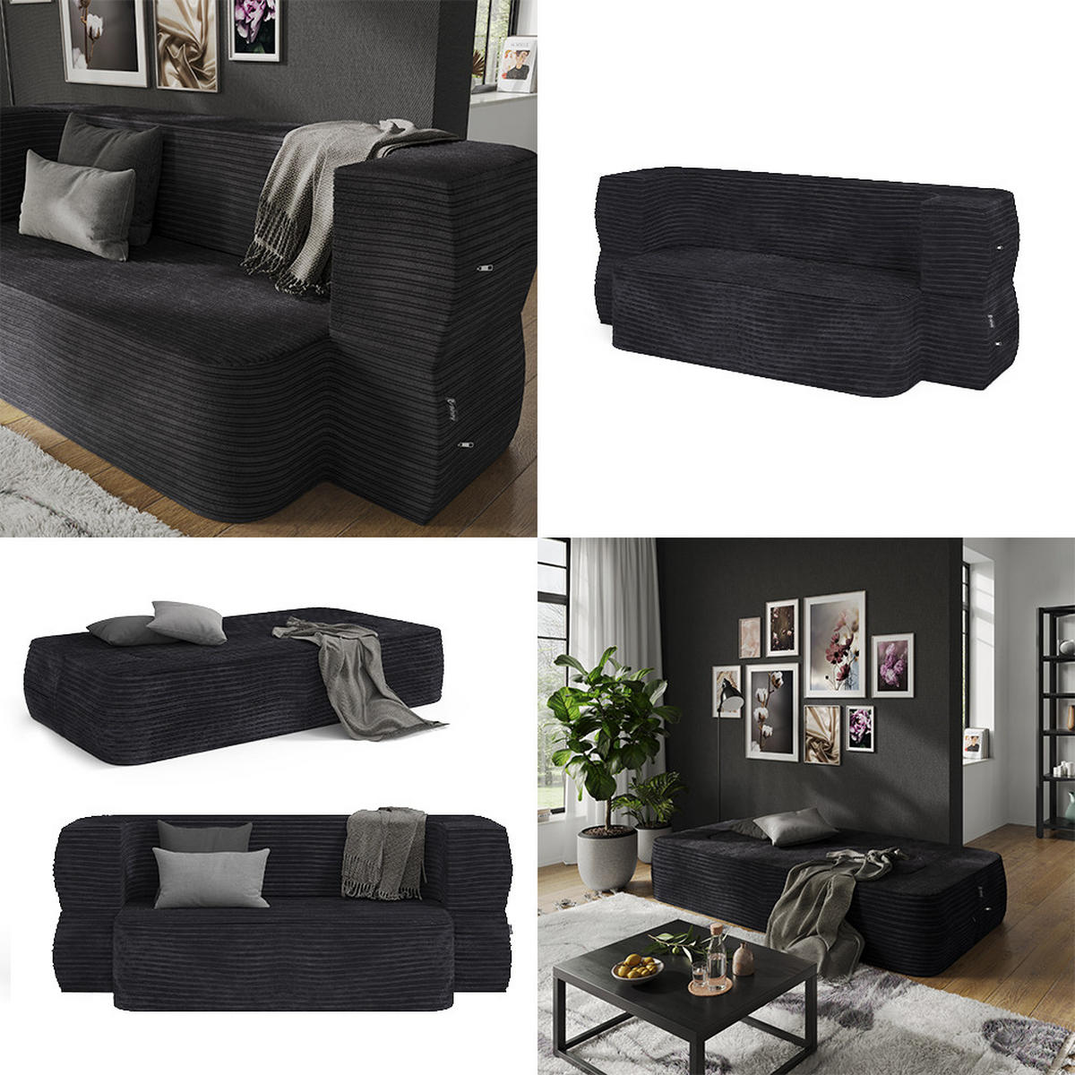 SOFA Lille Schwarz 190 cm mit Schlaffunktion - Schwarz, Textil (190/70/73cm) - VitaliSpa