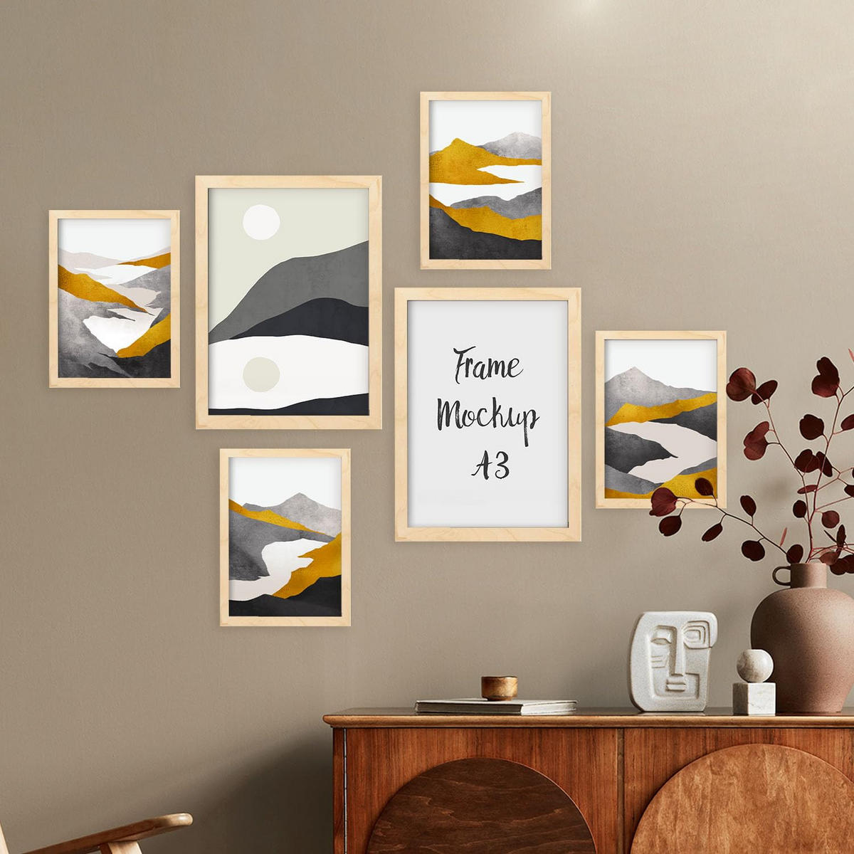 POSTER Set Mit 6 Bergrahmen In Kulissen Abstracts Ästhetische Dekorative Gemälde Für Ihr Wohnzimmer Zuhause A3 & A4 Rahmen Aus Hellem Holz - Beige, Papier (29/3cm) - Nacnic