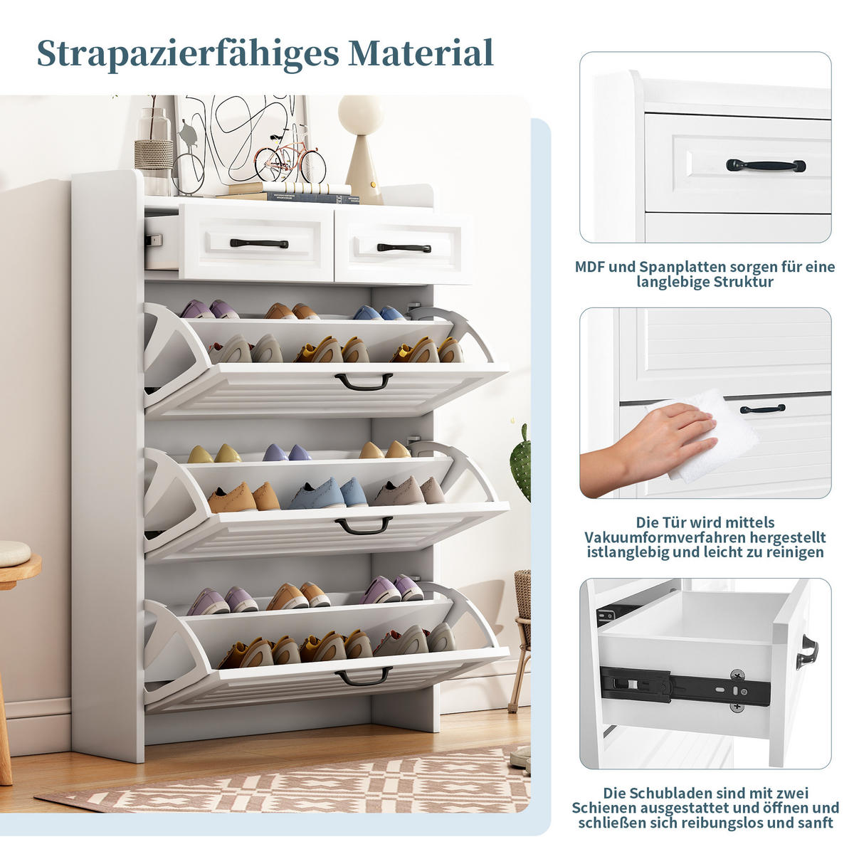 SCHUHSCHRANK 3 Klappen 2 Schubladen Holz 80x23.5x131cm - Weiß, Holzwerkstoff (23.5/131/80cm) - FLIEKS