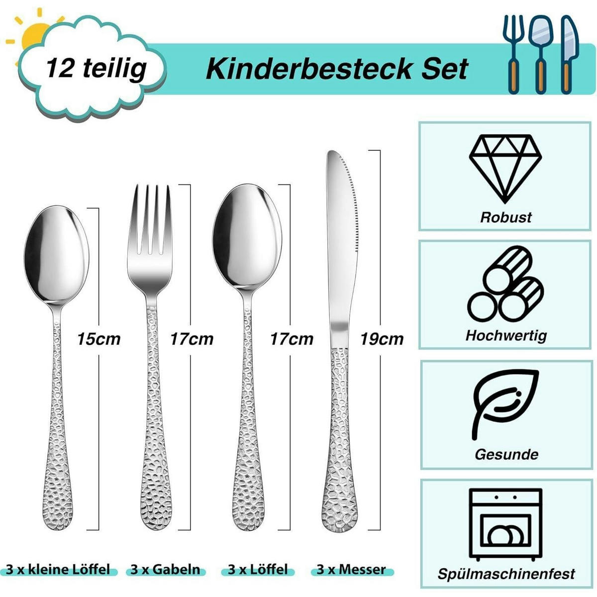 KINDERBESTECK Set 12-teilig Edelstahl Hammergriff Spülmaschinenfest - Silberfarben, Metall