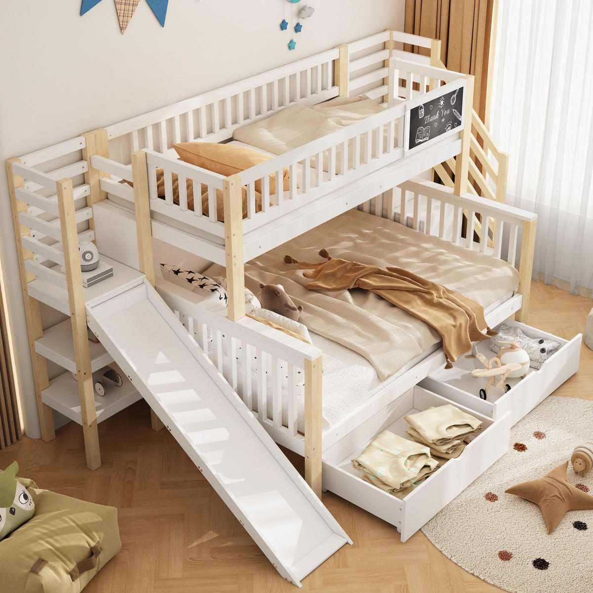 ETAGENBETT 90/200 & 140/200 cm aus Kiefer massiv mit Rutsche, Treppe und Stauraum Weiß/Natur - Weiß, Holz (140/200cm) - Modenvie