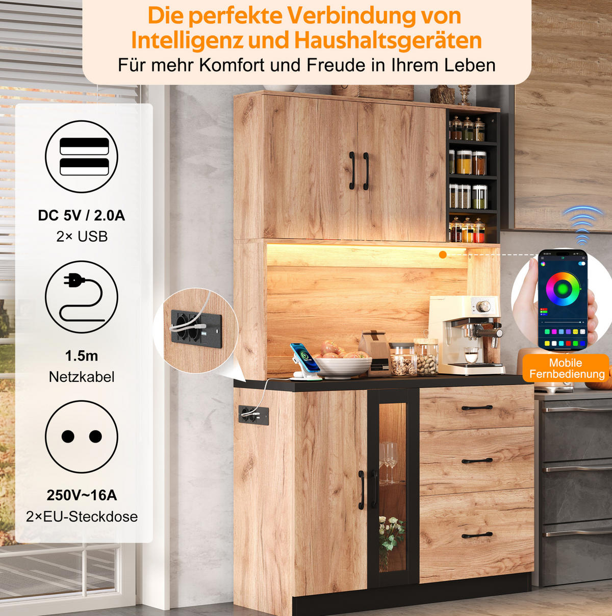 BUFFET 105/40/180 cm aus MDF mit LED-Beleuchtung und Steckdosenleiste Schwarz (Holzoptik) - Naturfarben, Holzwerkstoff (105/180/40cm) - Modenvie