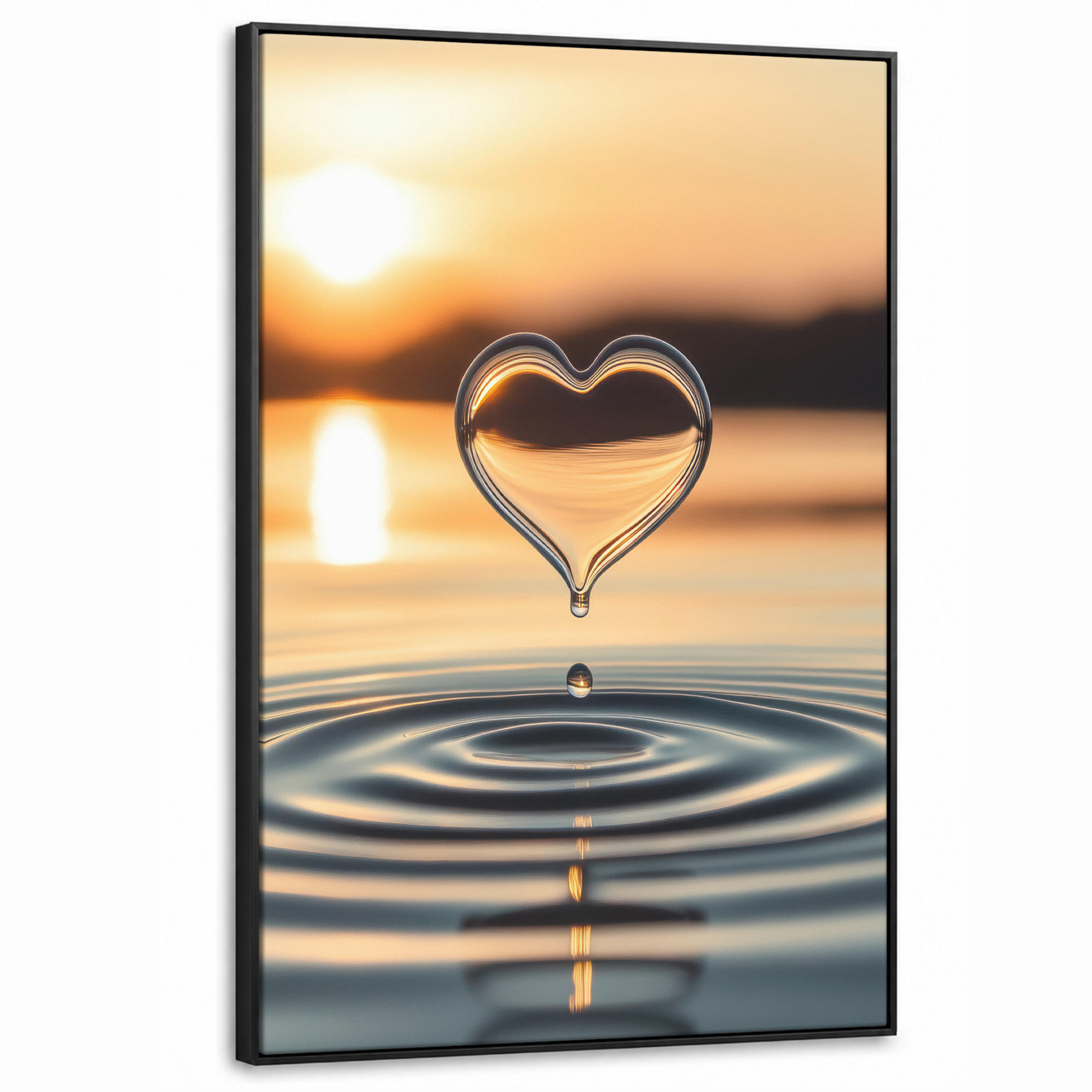LEINWAND Bilder mit Rahmen - Herz - Wasser - Sonnenuntergang - Natur - Zen - 80x120 - Bernsteinfarben, Textil (80/120cm) - MuchoWow