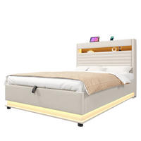 POLSTERBETT 140/200 cm Beige mit LED-Beleuchtung, USB- und Typ-C-Anschluss, hydraulischem Stauraum und Leinenbezug - Beige, Textil (140/200cm) - OKMYHOME