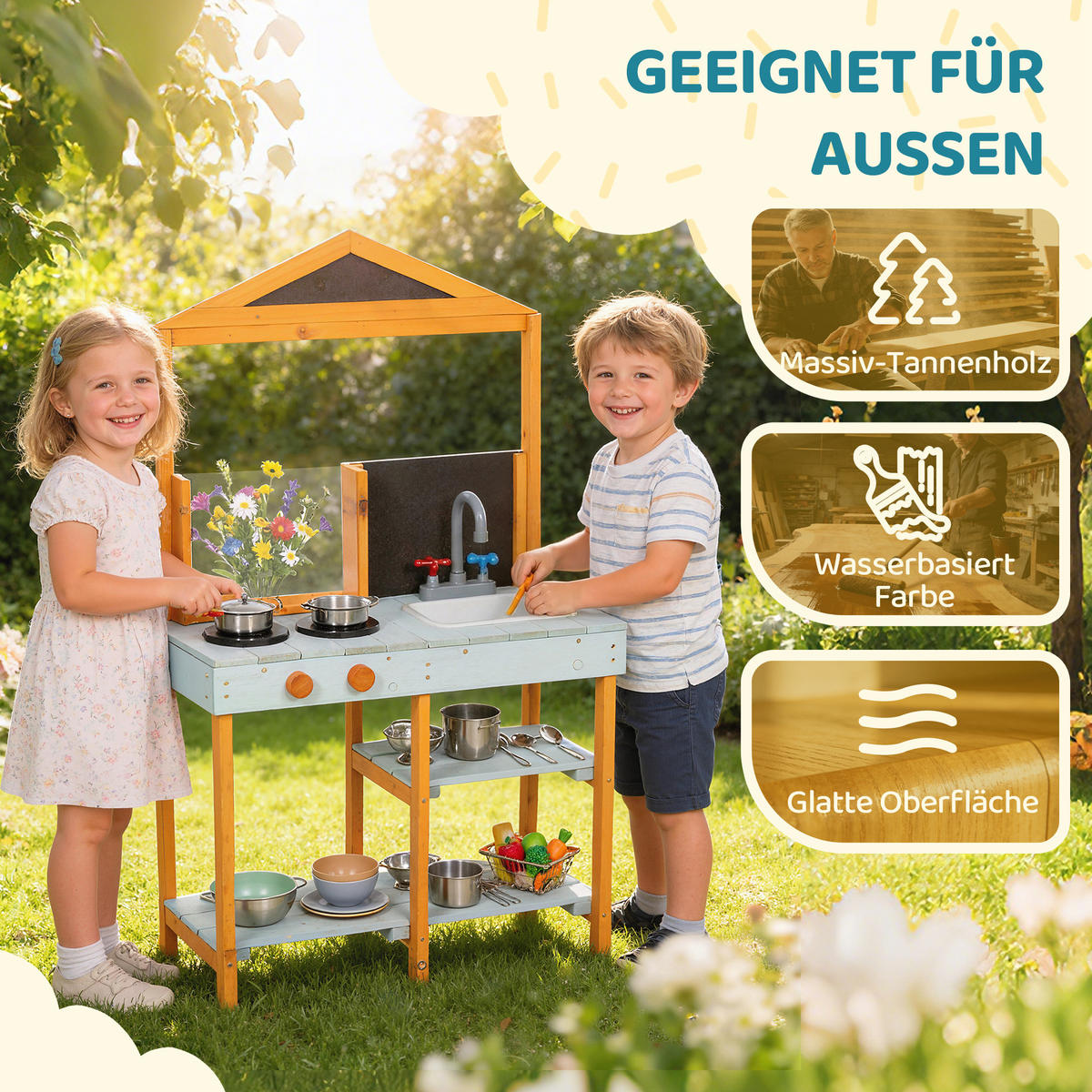 MATSCHKÜCHE DE-09896 mit abnehmbarer Spüle und Kochplatten Hellblau - Hellblau, Holz (69/33.5/110cm) - ComfortXL