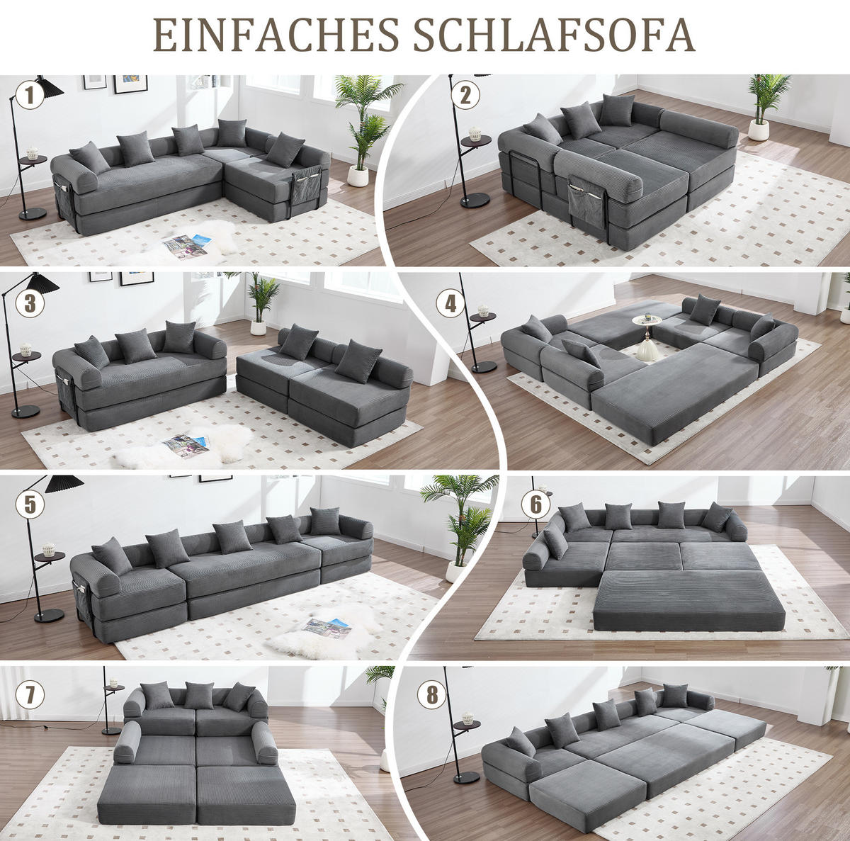 MODULARES Sofa 270/180/64 cm aus Cord mit Schlaffunktion und Seitentasche Dunkelgrau - Dunkelgrau, Textil (180/64/270cm) - Modenvie