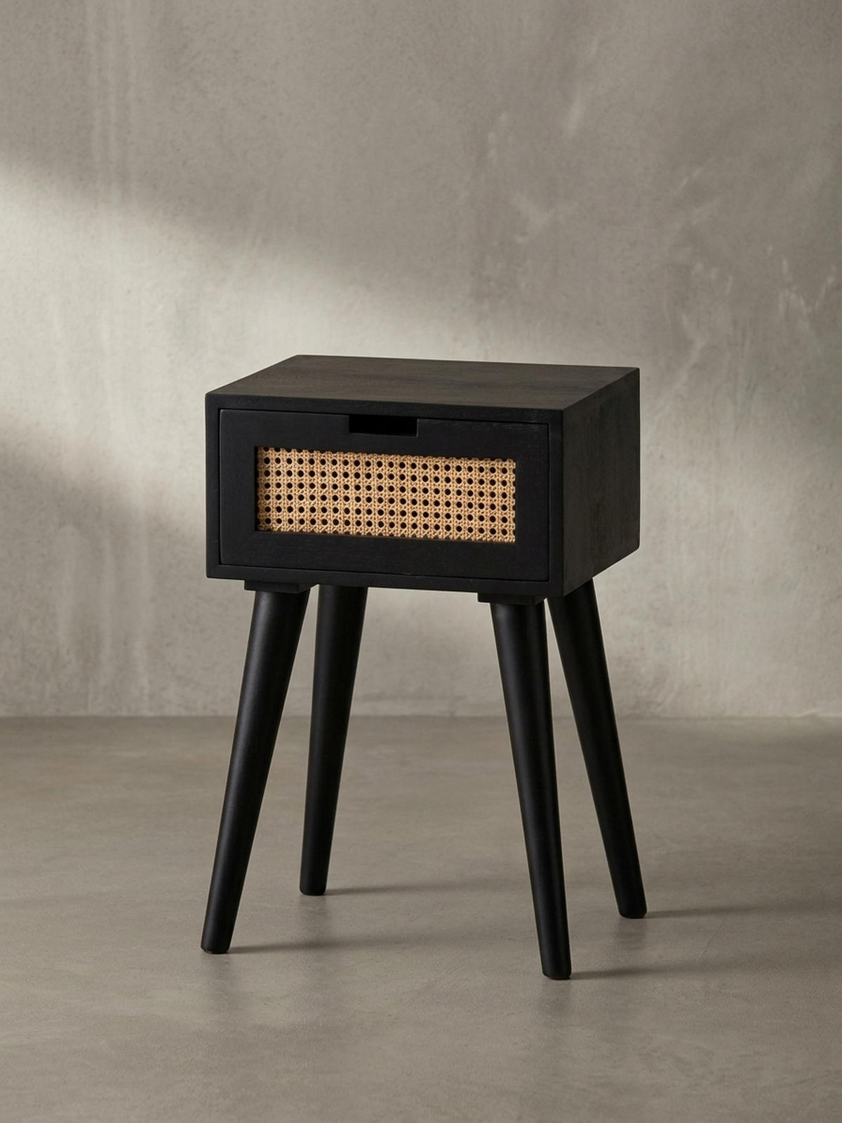 NACHTTISCH – Mango Massivholz/Rattan, 40x60x30 cm, Schwarz, 1 Schublade, Wiener Geflecht - Schwarz, Holz (40/60/30cm) - KADIMA DESIGN