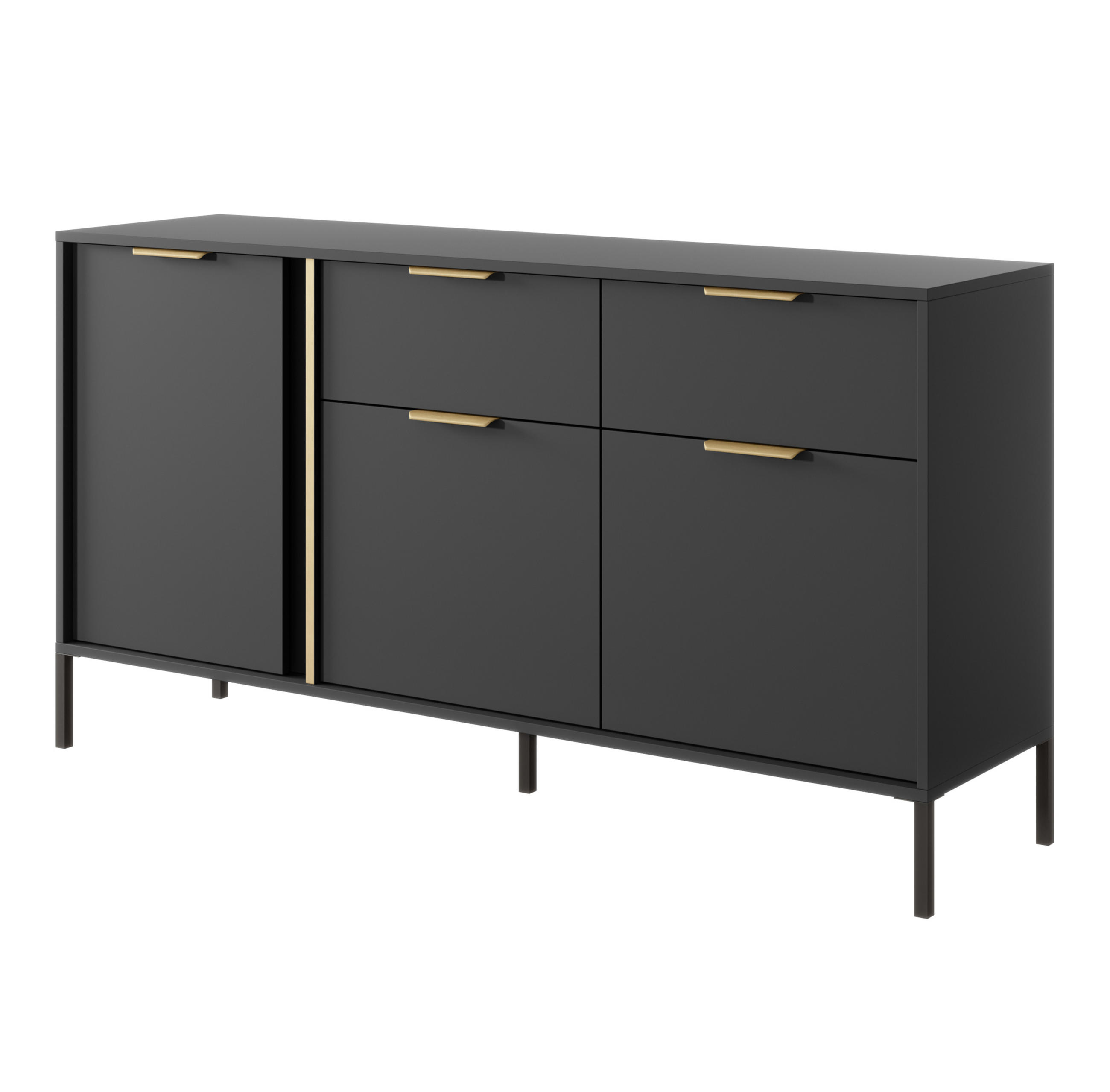 SIDEBOARD Catanian 3T 2S Grau 153,1/81,4/39,5 cm – mit goldenen Griffen und schwarzen Beinen - Schwarz/Grau, Holzwerkstoff/Metall (153/81.4/39.5cm) - AX Living