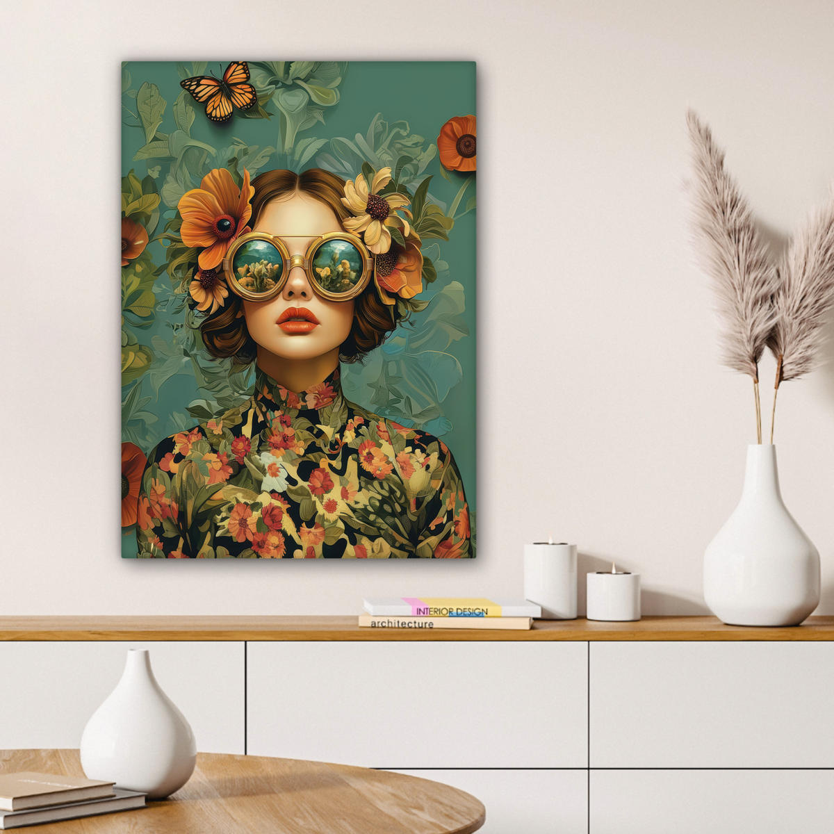LEINWANDBILD Frau - Blumen - Schmetterlinge - Natur - Vintage Wandbild Wohnzimmer 60x80 cm - Salbeigrün, Textil (60/80cm) - MuchoWow