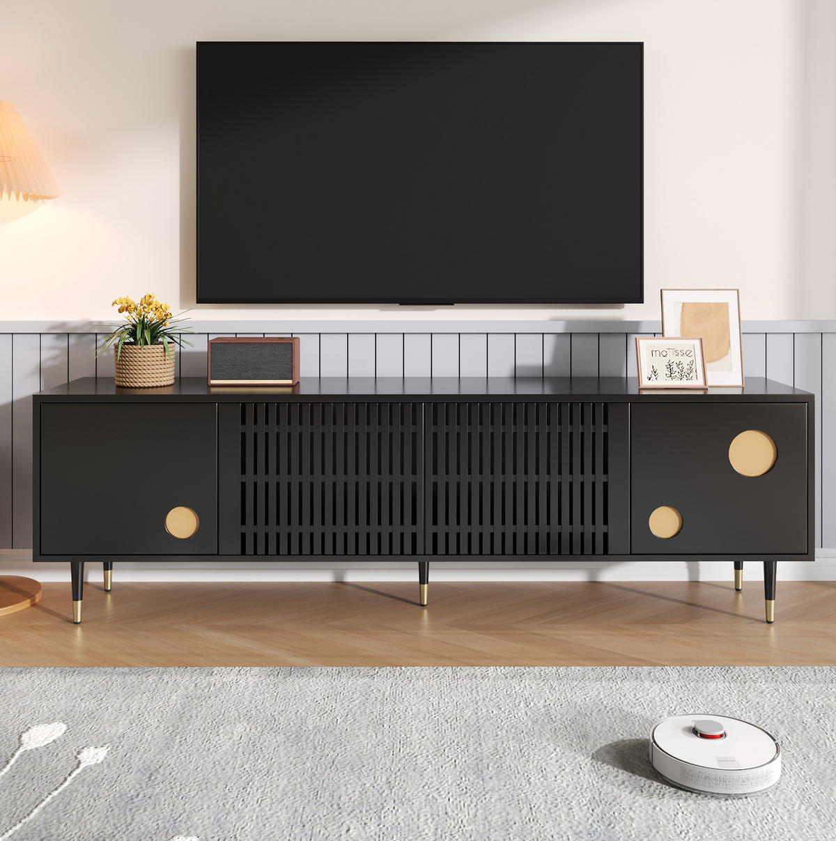TV-SCHRANK aus MDF 170x36x54 cm Schwarz mit Kabelmanagement, 4 Türen und verstellbaren Füßen - Schwarz, Holzwerkstoff (170/54/36cm) - Modfu