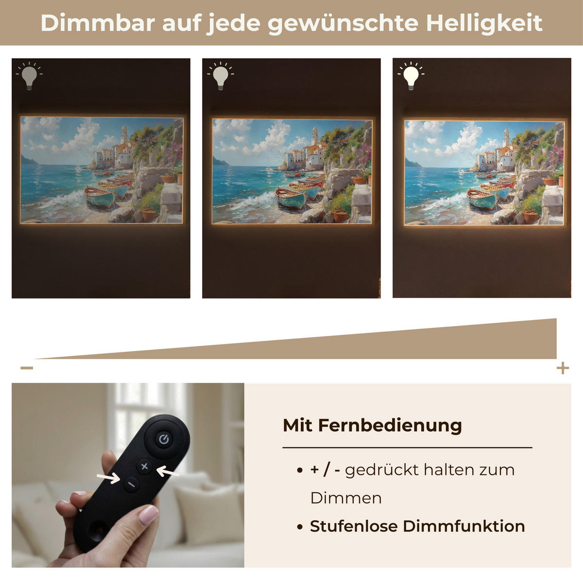 NÁSTĚNNÁ LAMPA S AKUMULÁTOREM Lodě - skály - moře - slunce 100x70 cm - modrá, kompozitní dřevo (100/70/8cm) - OnlyWow