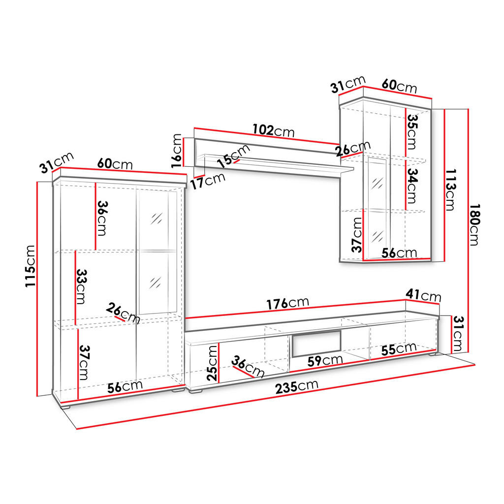 Thumbnail - Mirjan24 Wohnwand, Eiche, Holzwerkstoff, Rechteckig, 235x180x41 cm, Wohnzimmer, Wohnwände, Anbauwände