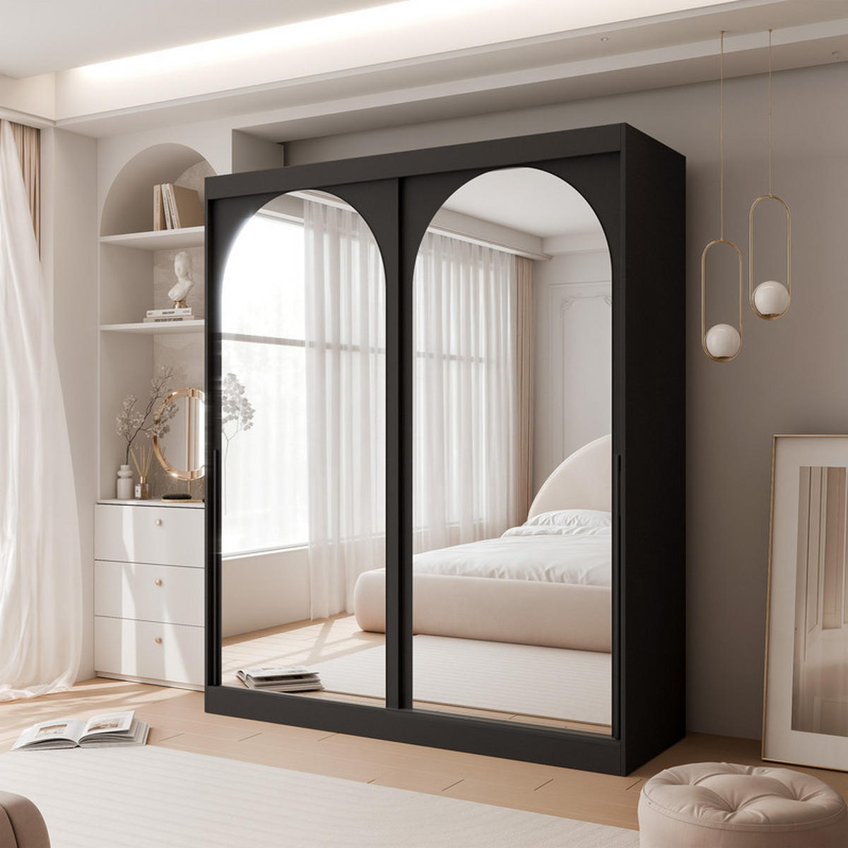 SCHWEBETÜRENSCHRANK CLARITY 2-türig 200/65/215 cm Schwarz / schwarze Griffe - Schwarz, Holzwerkstoff/Kunststoff (200/215/65cm) - Idohome