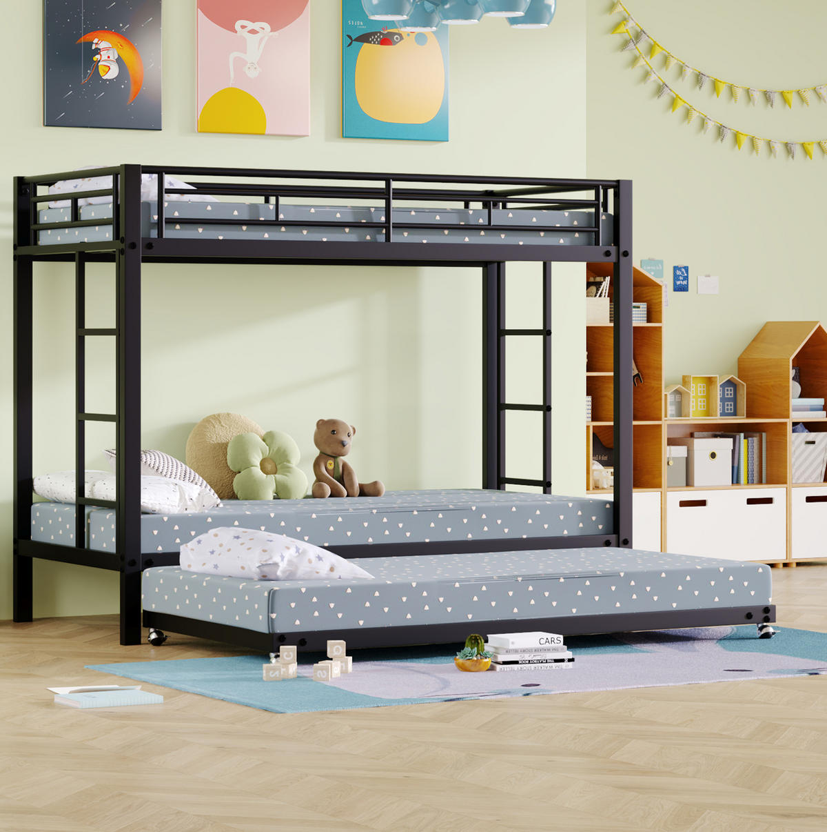 ETAGENBETT 90/200 cm aus Metall mit Ausziehbett und hohem Sicherheitsgeländer - Schwarz, Metall (90/200cm) - Flora Grace