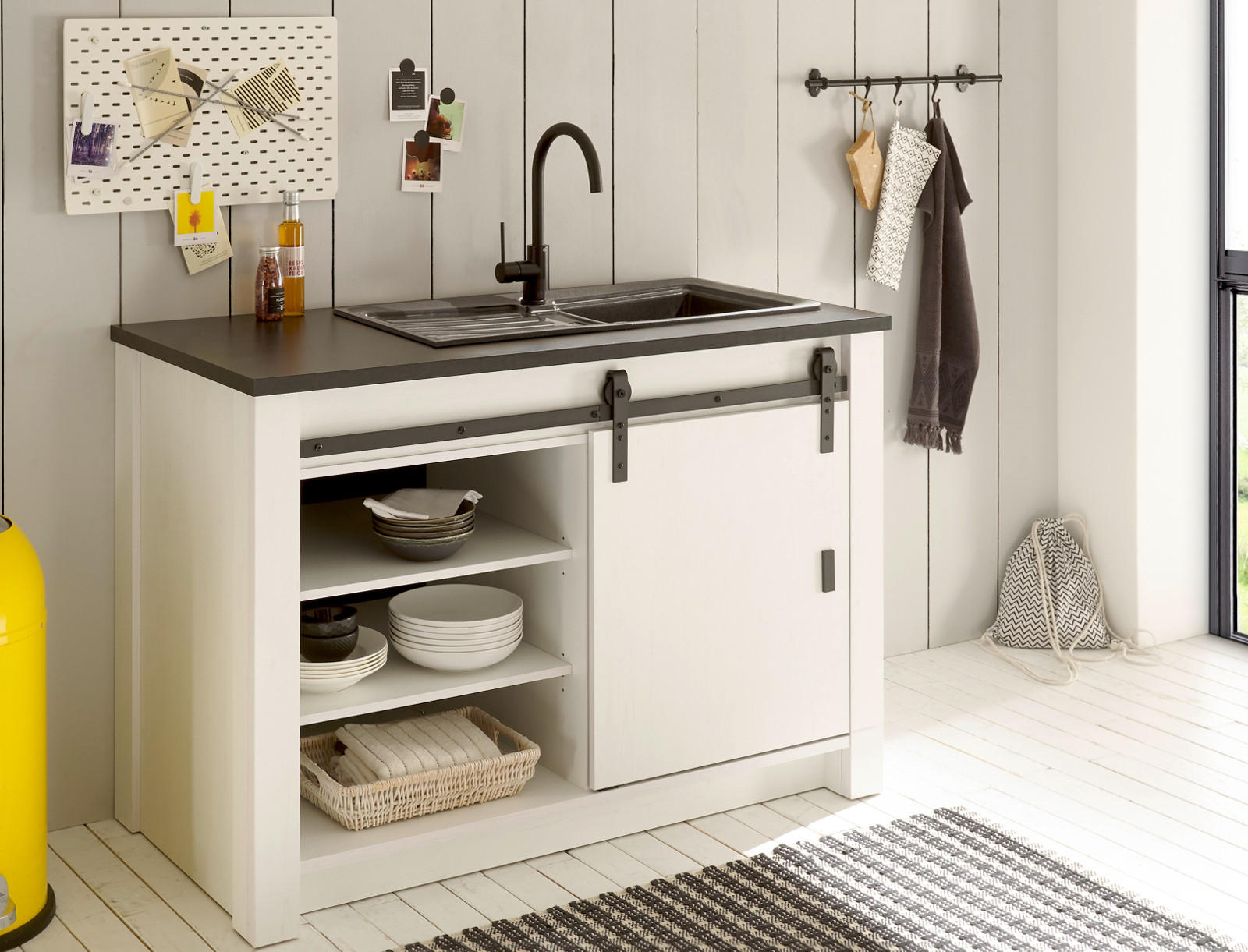 KÜCHENSCHRANK weiß Pinie, anthrazit Landhaus, Küche Unterschrank für Spüle oder Kochfeld - Anthrazit/Schwarz, Holzwerkstoff/Metall (133/93/64cm) - Furn.Design