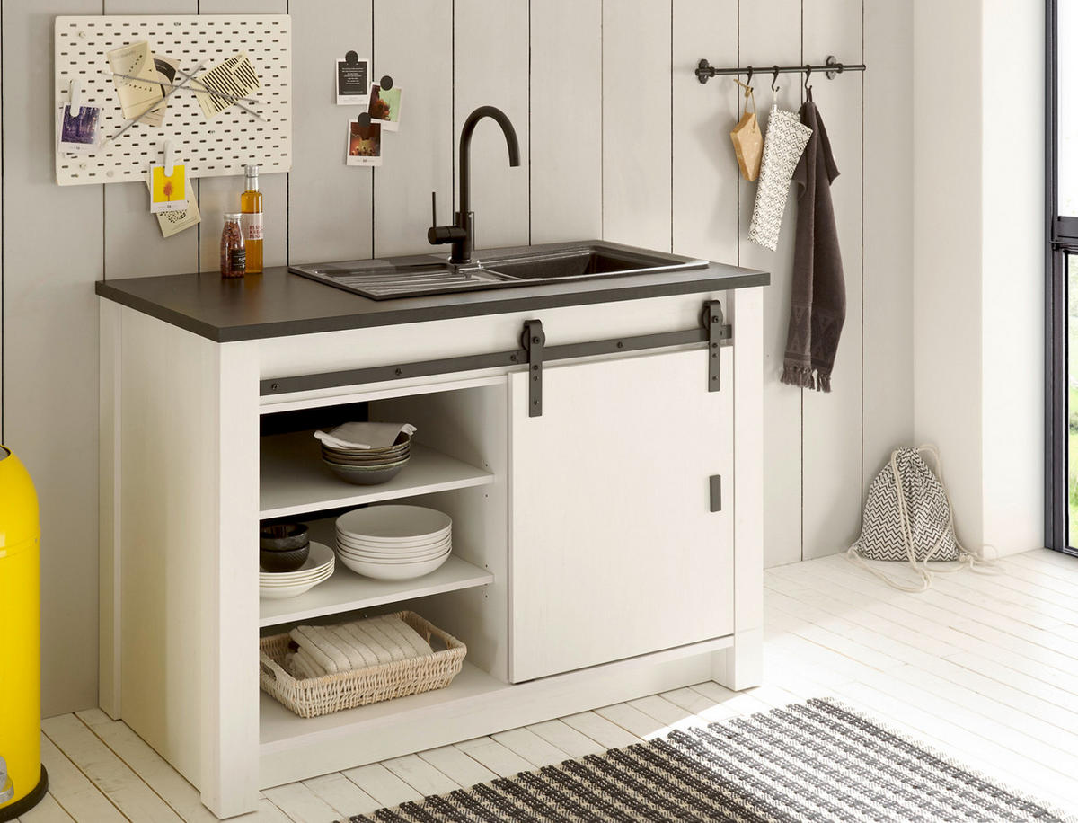 KÜCHENSCHRANK weiß Pinie, anthrazit Landhaus, Küche Unterschrank für Spüle oder Kochfeld - Anthrazit/Schwarz, Holzwerkstoff/Metall (133/93/64cm) - Furn.Design