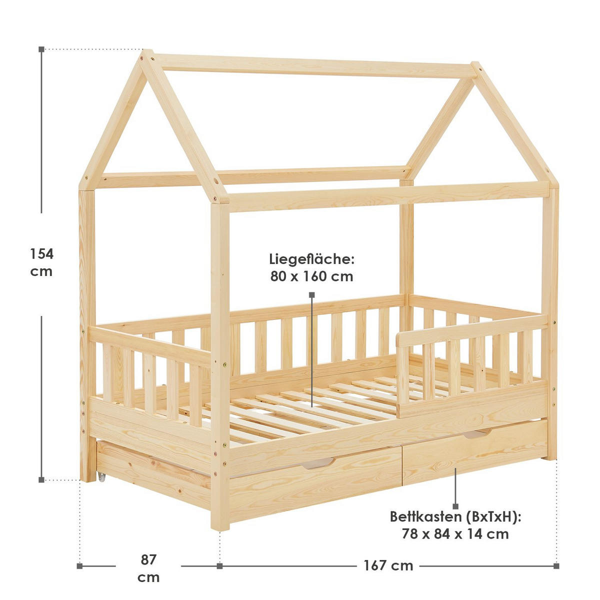 KINDERBETT Marli natur 80x160 cm mit Bettkasten - Naturfarben, Holz (80/160cm) - Juskys