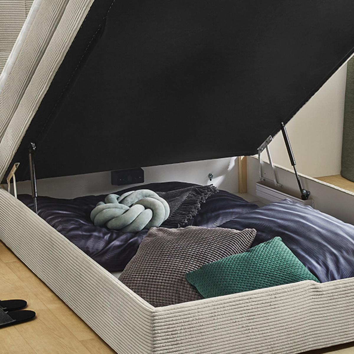 BOXSPRINGBETT 140x200 cm, 7-Zonen-Tonnentaschen-Federkernmatratze H3, Topper, Bonell-Federkern, großer Bettkasten, Cord Beige Grau / 20036 - Greige/Beige, Kunststoff/Textil (140/200cm) - luma-home