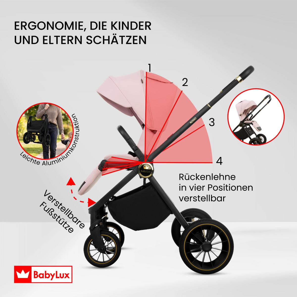 KINDERWAGEN Rosso 4in1 Rosa Babywanne, Reisebuggy, Autositz, Isofix Basis - Schwarz/Rosa, Textil/Metall (58/98cm) - BabyLux