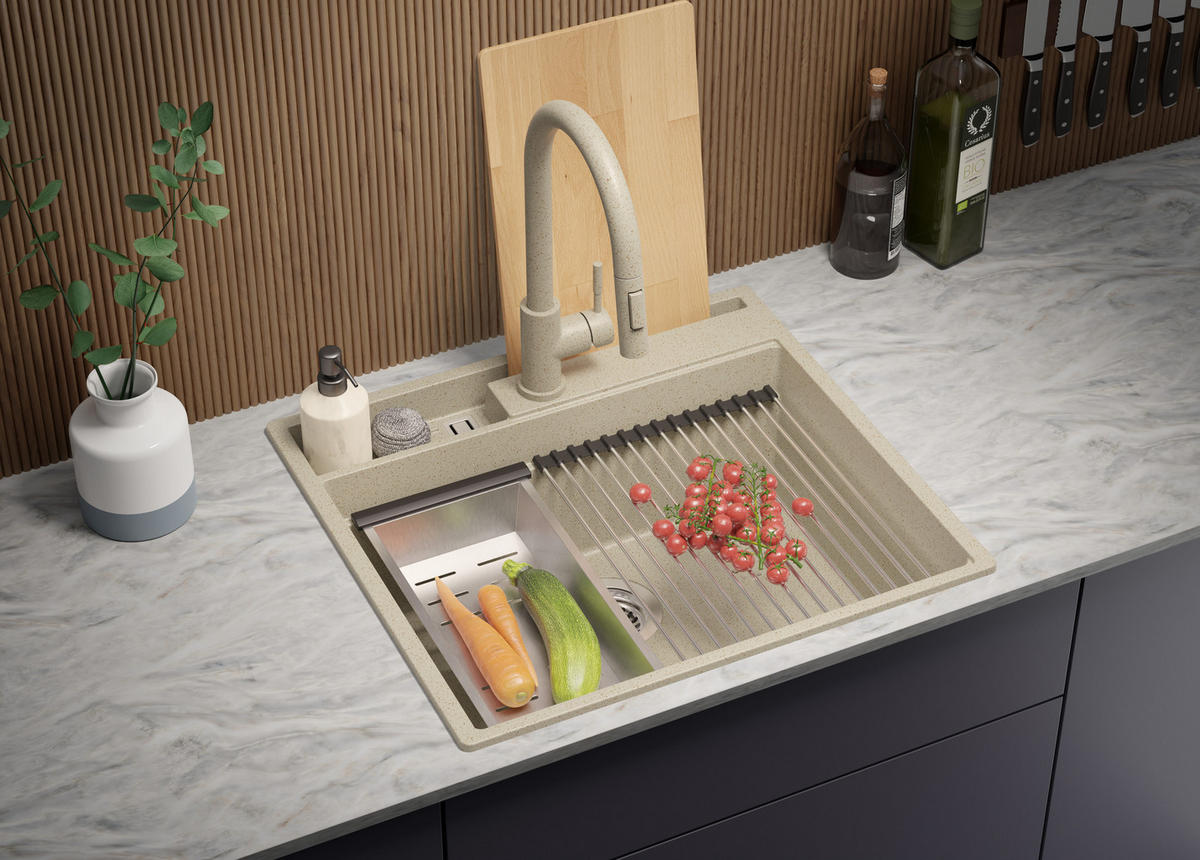 SPÜLBECKEN Oslo Pocket, 2-er set Beige 58/53 cm 1 Becken + Ablauf-Set + Küchenzubehörset ab 60er Unterschrank - Chromfarben/Beige, Kunststoff (58/20/53cm) - Primagran