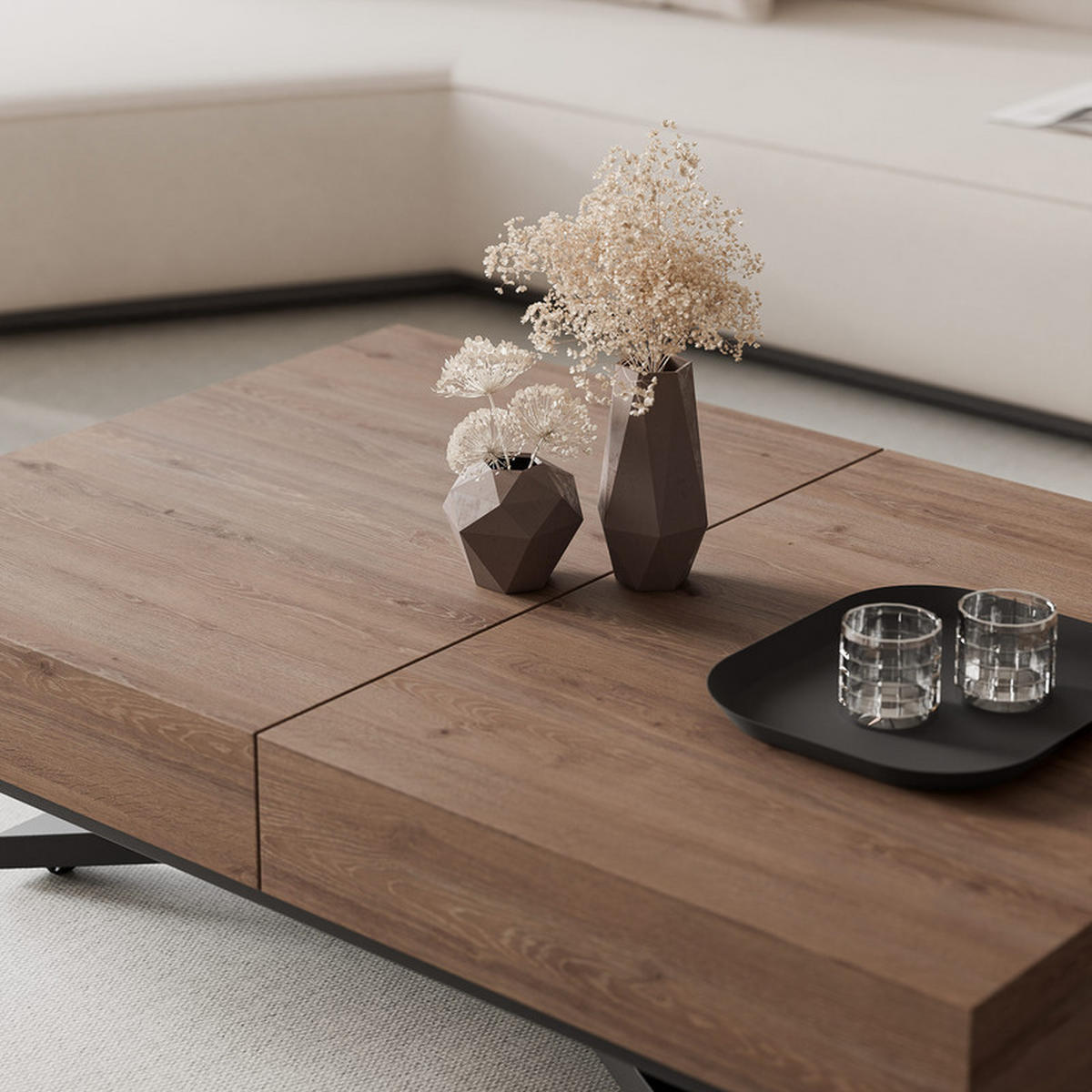COUCHTISCH SANELLE X ausziehbar mit Liftfunktion, 120/80/76 cm Schwarz/Trüffel-Eiche - Trüffeleichefarben/Schwarz, Holzwerkstoff/Metall (120/80/27cm) - Idohome