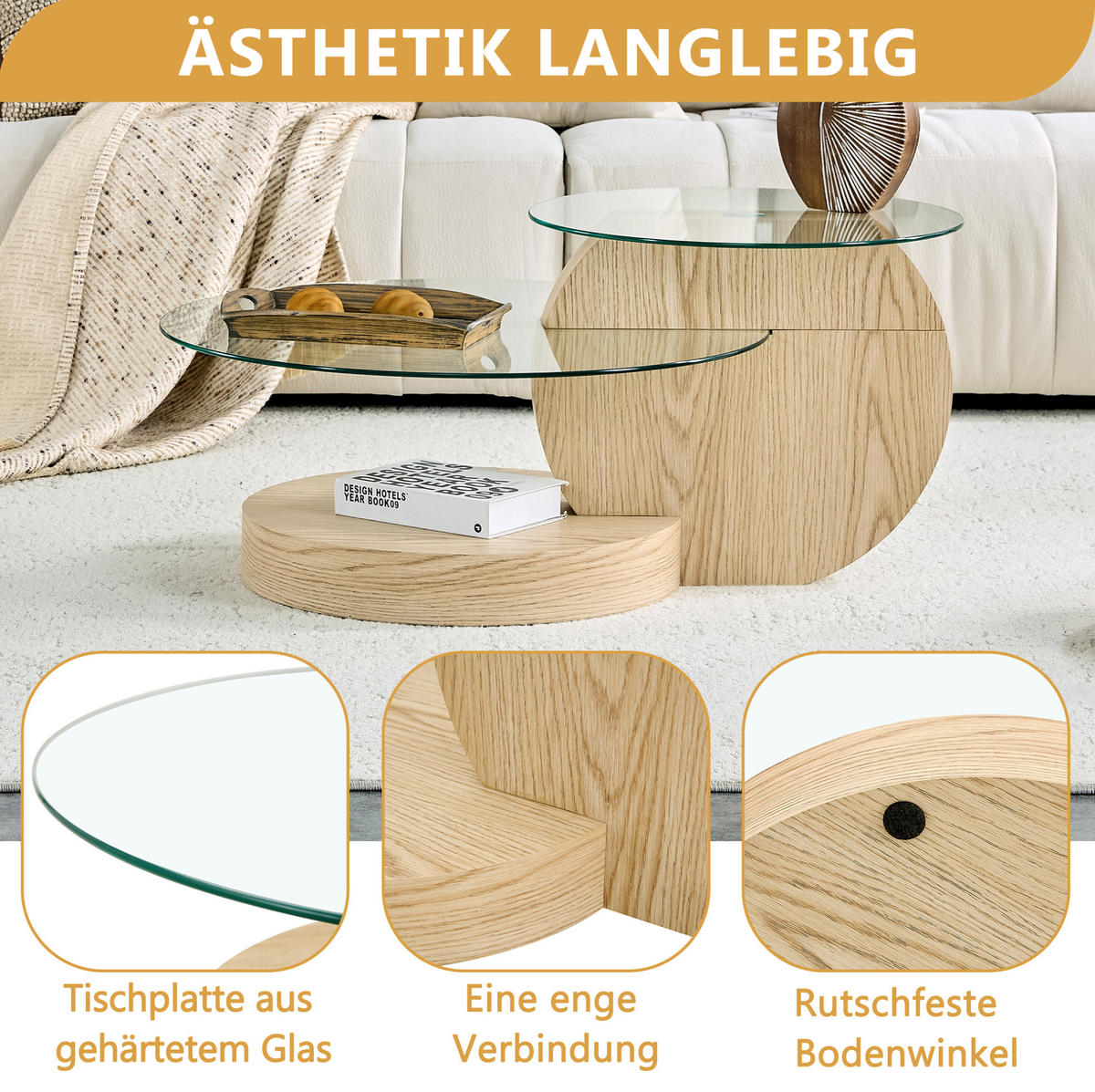 COUCHTISCH aus MDF & Glas Ø50/70 cm in Holz mit mehrstufigen Ablagen - Naturfarben, Glas (90/90/44cm) - Modfu