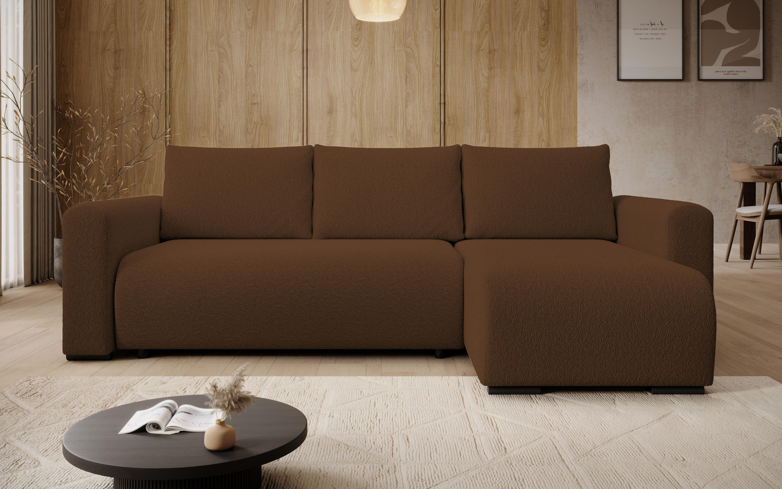 ECKSOFA DORA L, Eckcouch in L-Form mit Schlaffunktion und Bettkasten, Farbe: Braun, Bouclé-Stoff, Ottomane Rechts - Braun, Textil (240/143cm) - Storez24