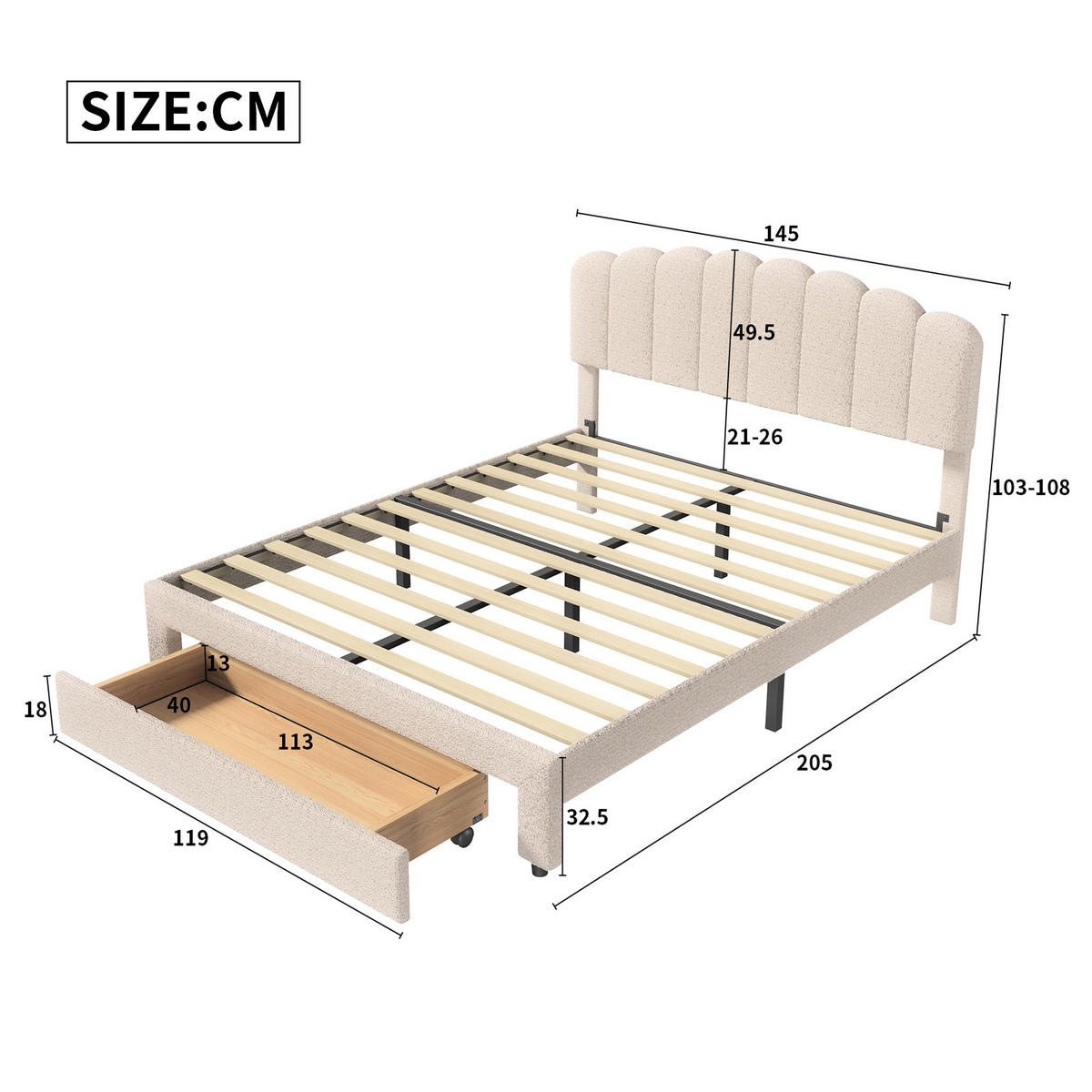 POLSTERBETT Muschel-Design 140/200 cm mit Schubkasten & USB Teddy-Fleece Beige - Beige, Textil (140/200cm) - Creahappy