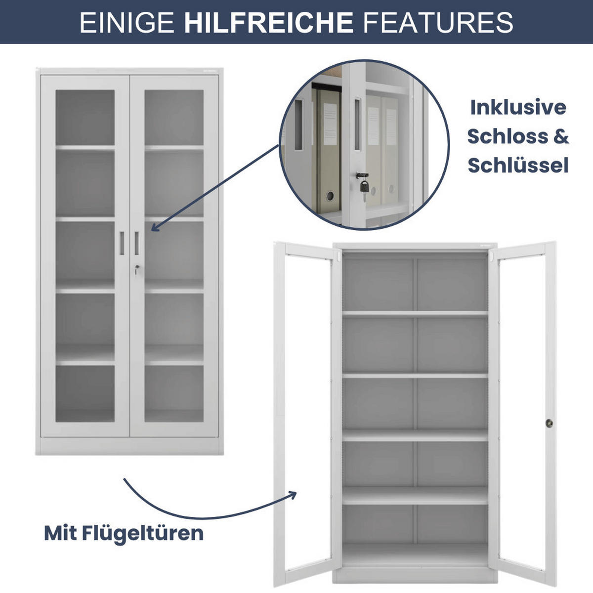VITRINENSCHRANK abschließbar AMELIA mit Glastüren 185x90x40cm Grau - Grau, Metall (90/185/40cm) - Jan Nowak