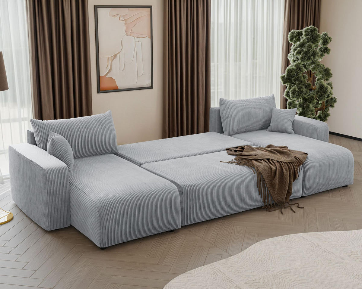 WOHNLANDSCHAFT Pianoni Hellgrau Cordbezug - Hellgrau/Schwarz, Kunststoff/Textil (312/83/140cm) - Selsey