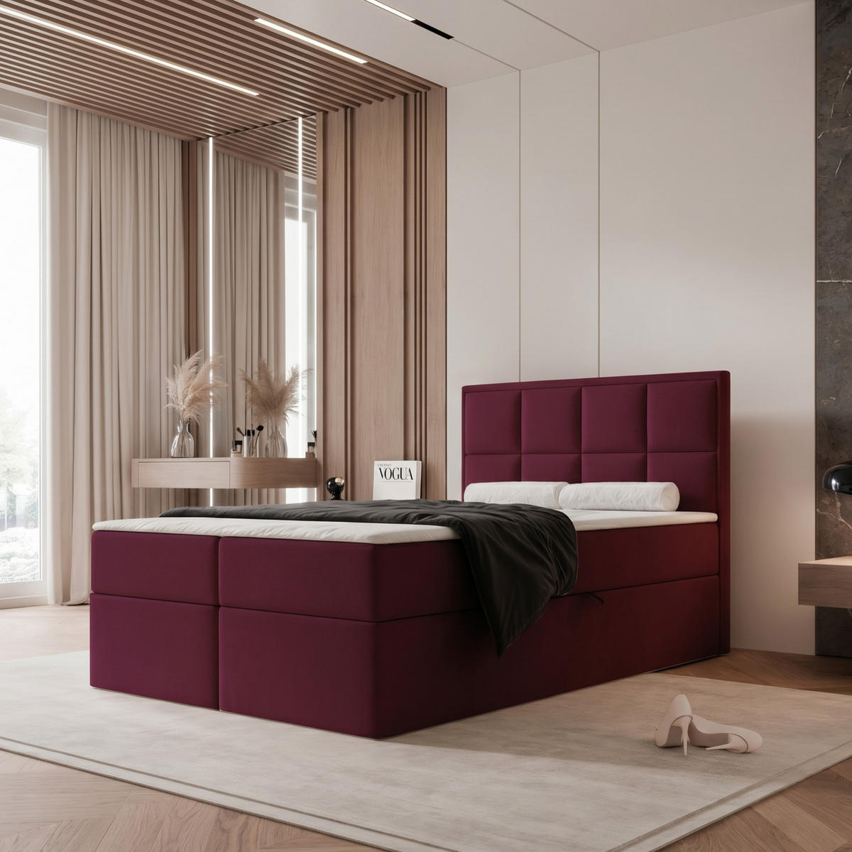 BOXBETT TIOLI 120x200 cm Bordeaux (Stoff Magic Velvet) - mit Bettkasten, Bonellmatratze und Paneel-Kopfteil - Bordeaux, Holzwerkstoff/Textil (120/200cm) - Ravio