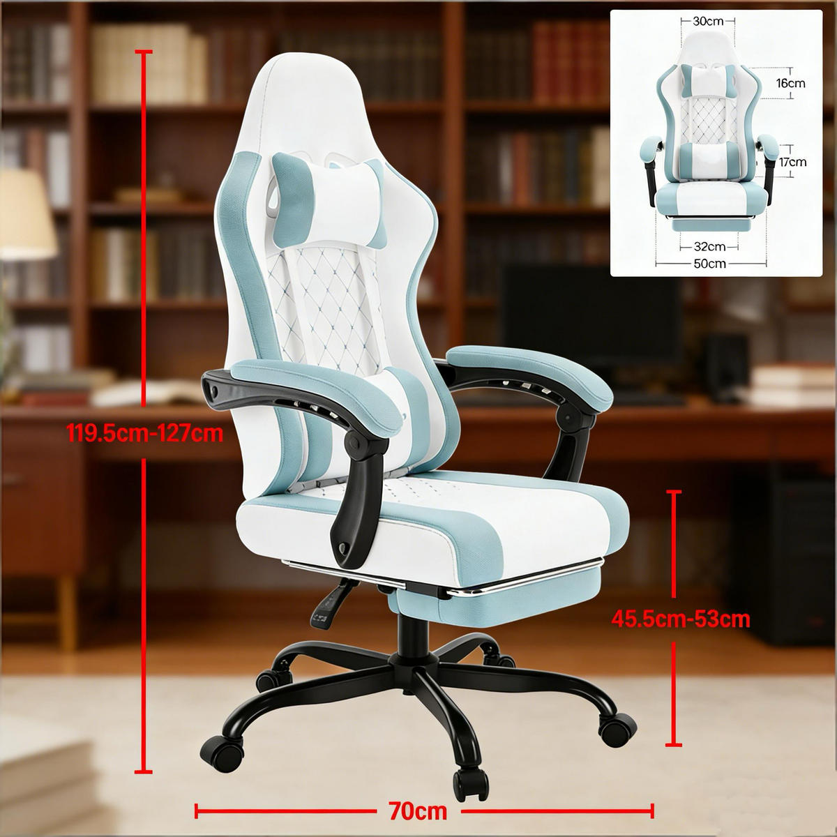 GAMINGSTUHL Blau/Weiß 70/70/127 cm - Blau, Metall (70/127/70cm) - PANGIVO