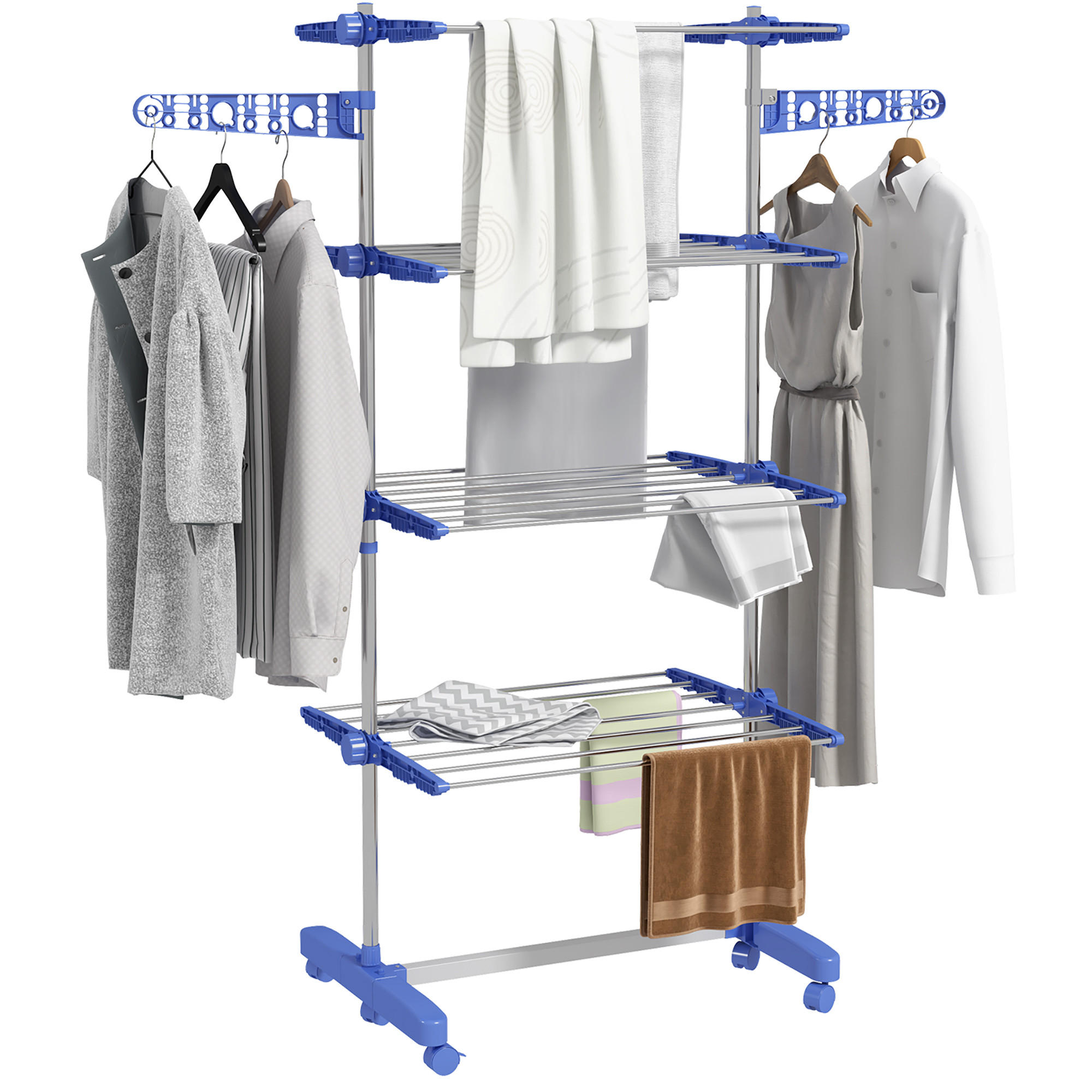 WÄSCHESTÄNDER DE-09794 5 Ebenen, klappbar mit 6 Rollen Blau+Silber - Blau, Metall (142/172/55cm) - ComfortXL