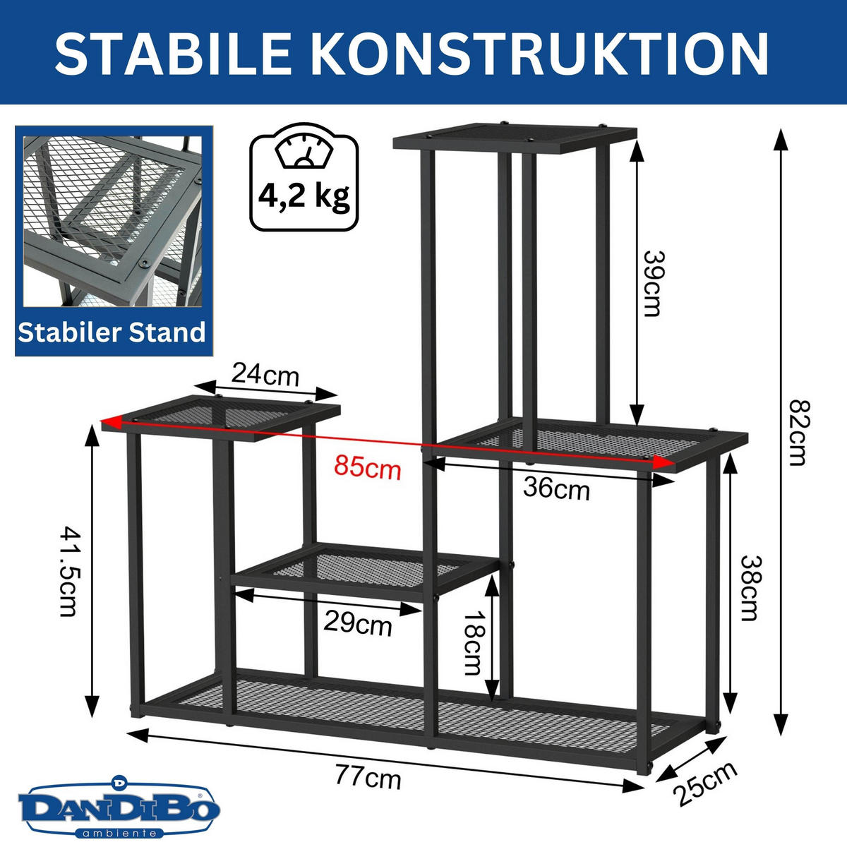 DANDIBO Blumenregal indoor Metall Schwarz 4 Ebenen 96579 Blumentreppe Modern Pflanzentreppe Design Pflanzenregal - Schwarz, Metall (77/82/25cm) - DanDiBo