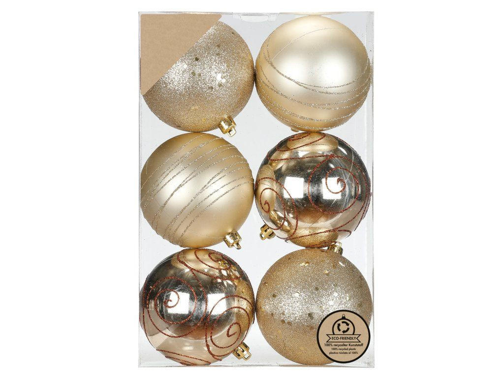 WEIHNACHTSORNAMENTE 6er-Set runde Ornamente mit Dekor Champagner Mix 8 cm - Champagner, Kunststoff (8/8/8cm) - LAALU