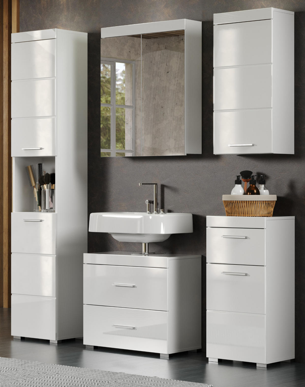 BADMÖBEL-SET weiß Hochglanz 5-teilig 163 x 190 cm, moderne Badezimmer-Schränke - Weiß Hochglanz/Alufarben, Glas/Holzwerkstoff (163/190/34cm) - Top.Furn