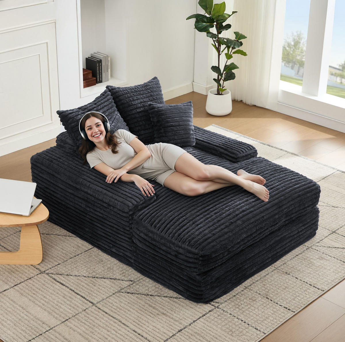 CHAISELONGUE Cordstoff 135 x 165 cm Grau mit 4 Kissen - Grau, Kunststoff (135/58/165cm) - Beauniv