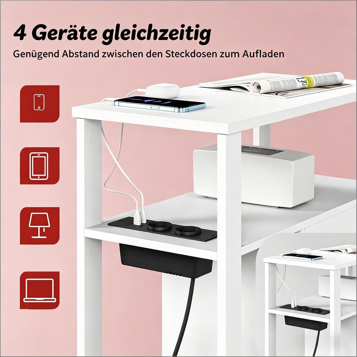 BEISTELLTISCH DE-37214 mit Ladestation und 2 Schubladen Weiß - Weiß, Holzwerkstoff (60/30/60cm) - ComfortXL
