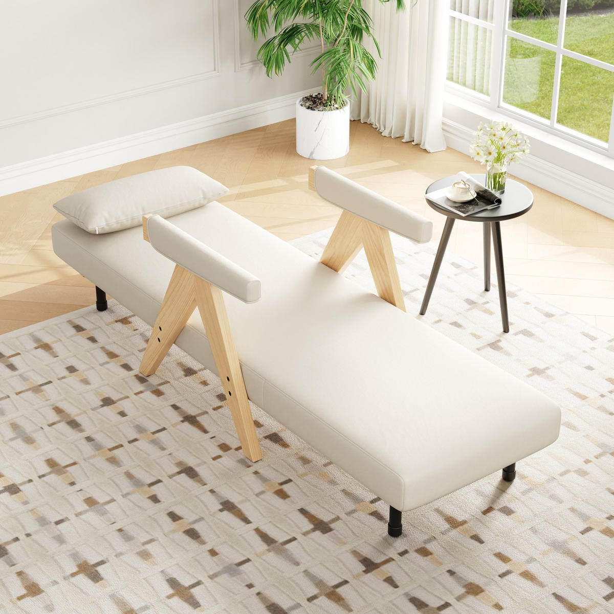 SCHLAFSESSEL aus Leinenstoff 87x64x60 cm Beige mit 3-in-1-Funktion, 6-fach verstellbarer Rückenlehne und Kissen - Beige, Textil (64/87/60cm) - Modfu