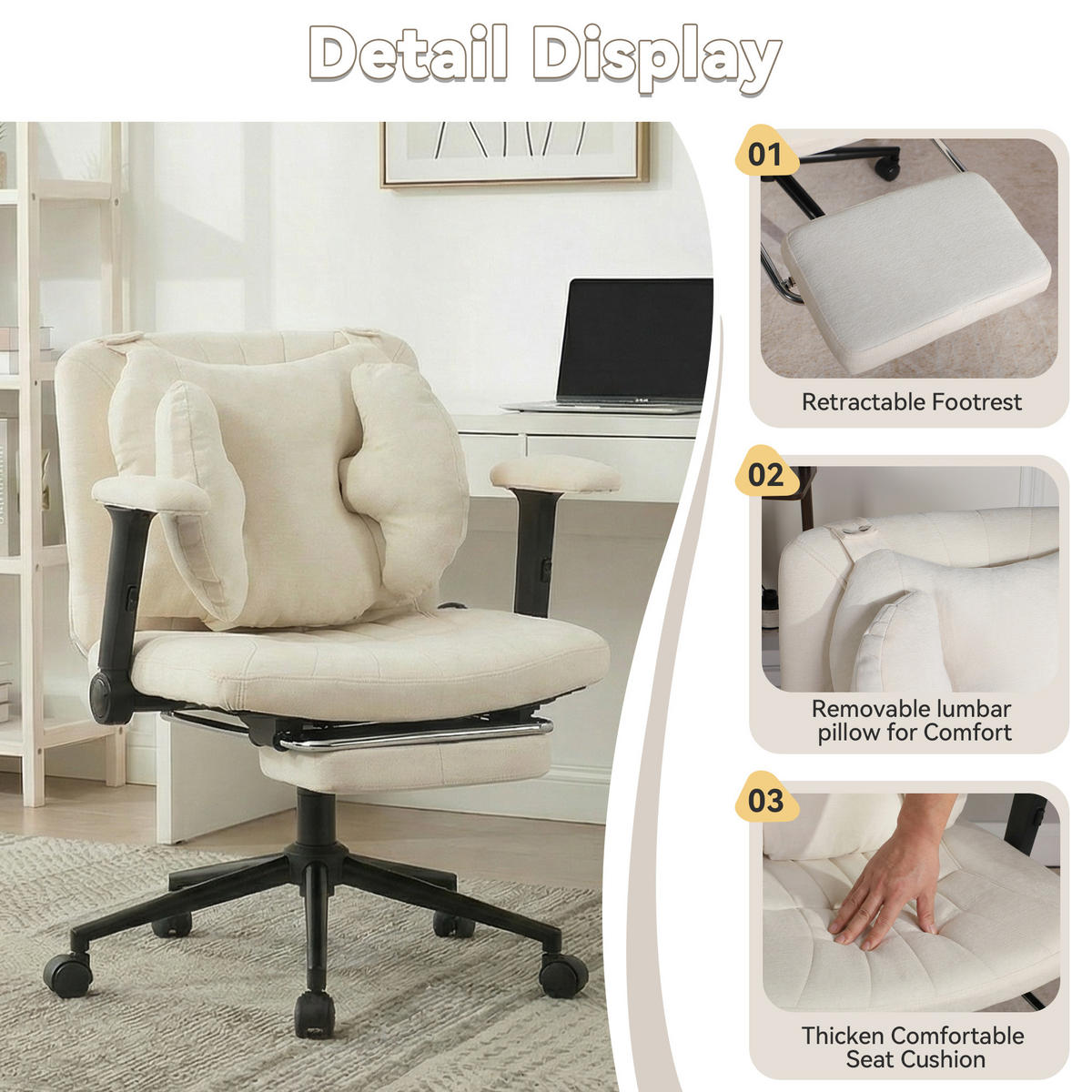 DREHSTUHL DE-40923 mit Fußstütze und Lendenluftkissen Beige - Beige, Metall (80/86/55cm) - ComfortXL