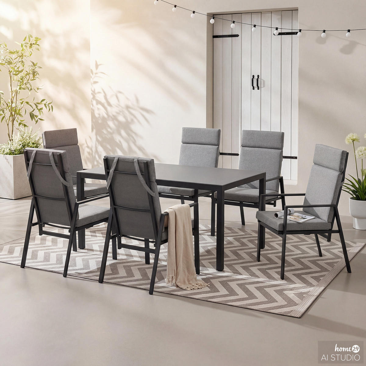 GARTENESSGRUPPE - 7-teilig - Aluminium / Polyester - Anthrazit / Grau - Anthrazit, Glas/Textil - home24