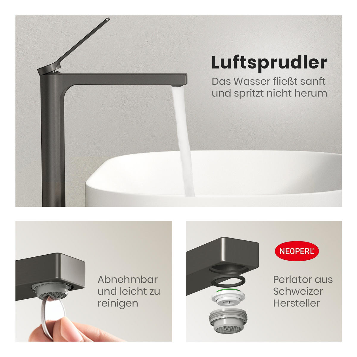 WASCHTISCHARMATUR mit Zertifiziertem Filterelement Anthrazit Matt Hoher Stil - Anthrazit, Metall (23.3/4.6/33.5cm) - EMKE