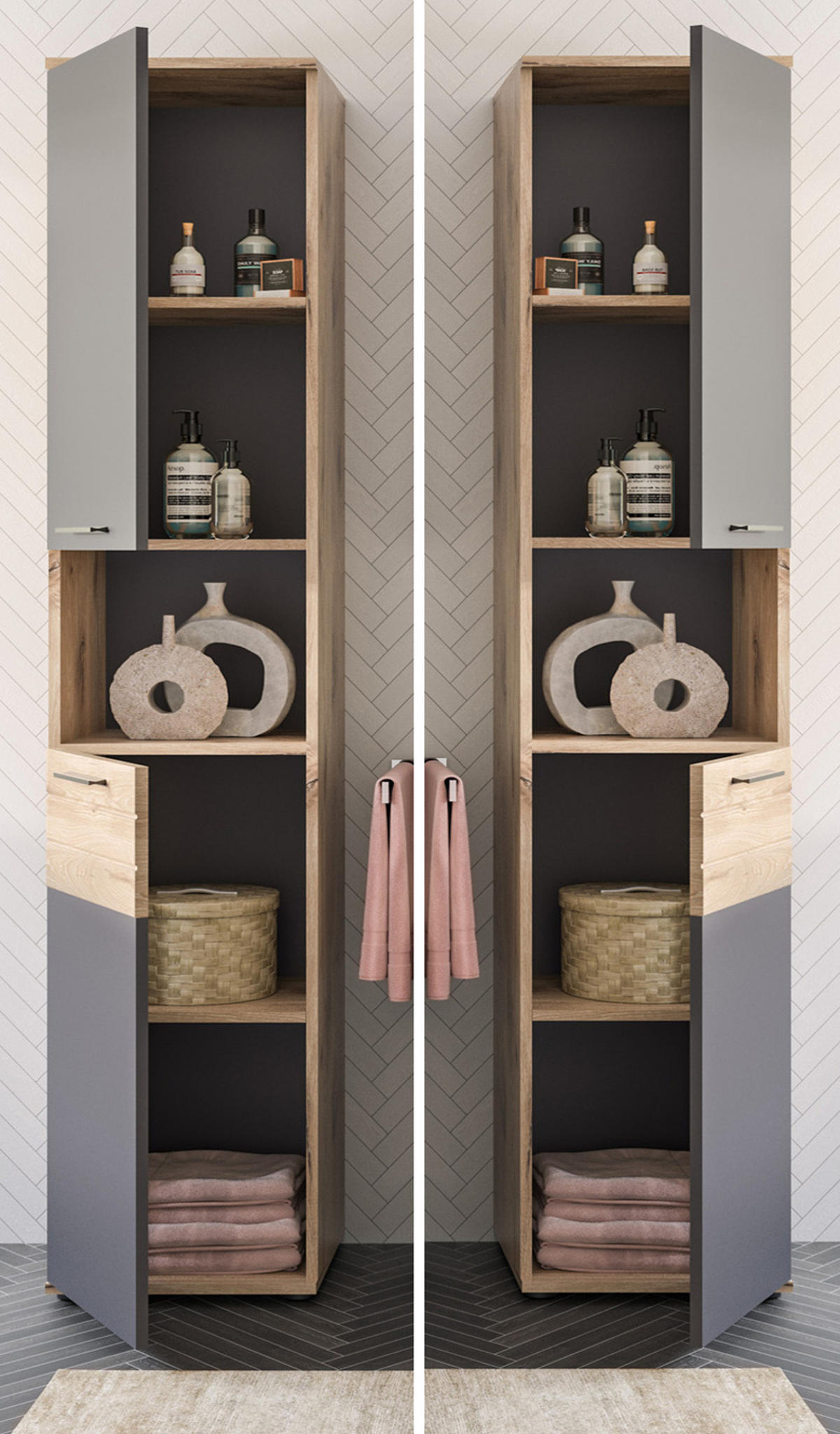 HOCHSCHRANK Eiche, grau 37 cm Badschrank mit Soft-Close, Badezimmereinrichtung - Eichefarben/Schwarz, Holzwerkstoff/Kunststoff (37/190/34cm) - Inn.Furn