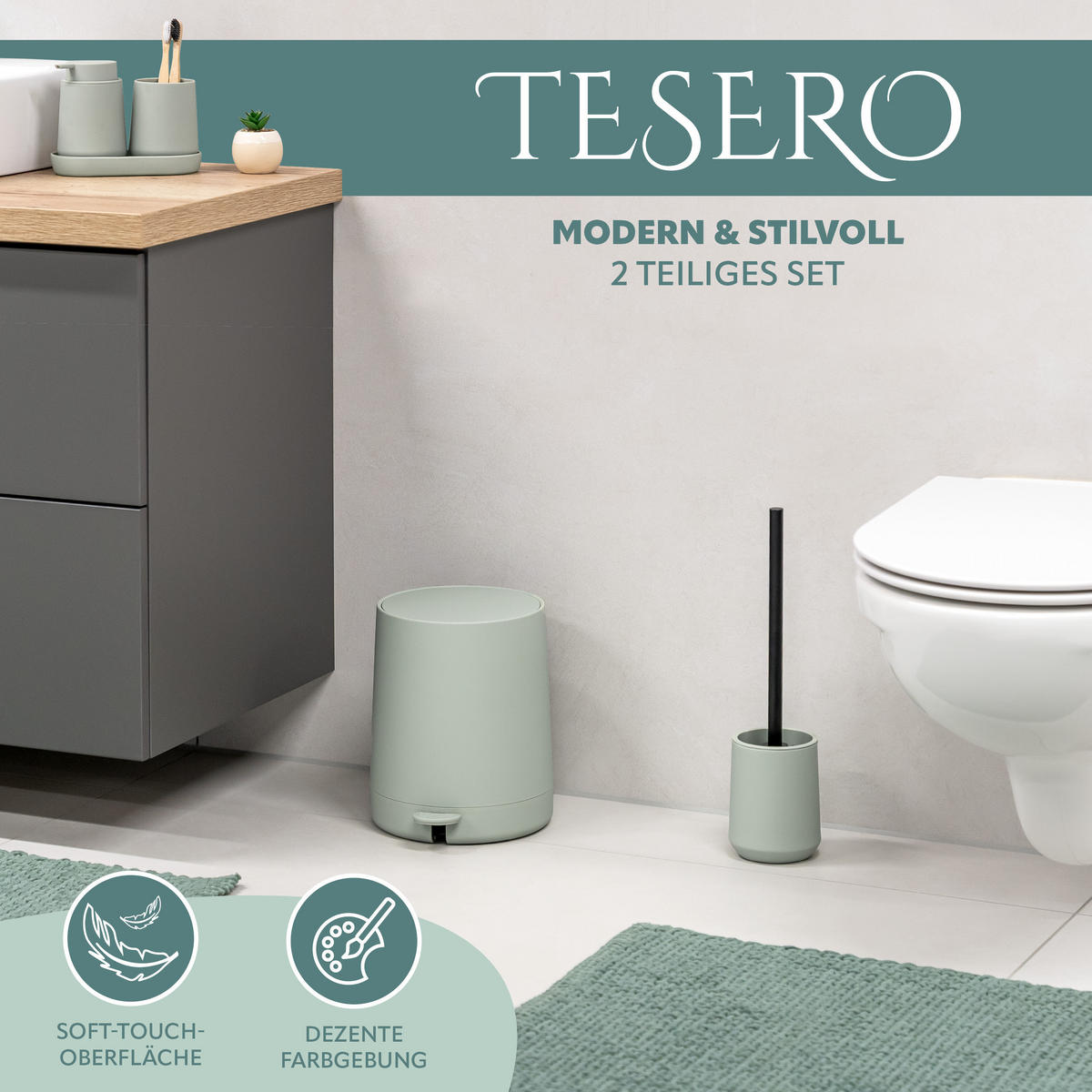 BAD-ACCESSOIRES-SET TESERO, Soft-Touch, salbei - Salbeigrün, Kunststoff (22.5/25.5/25cm) - eluno