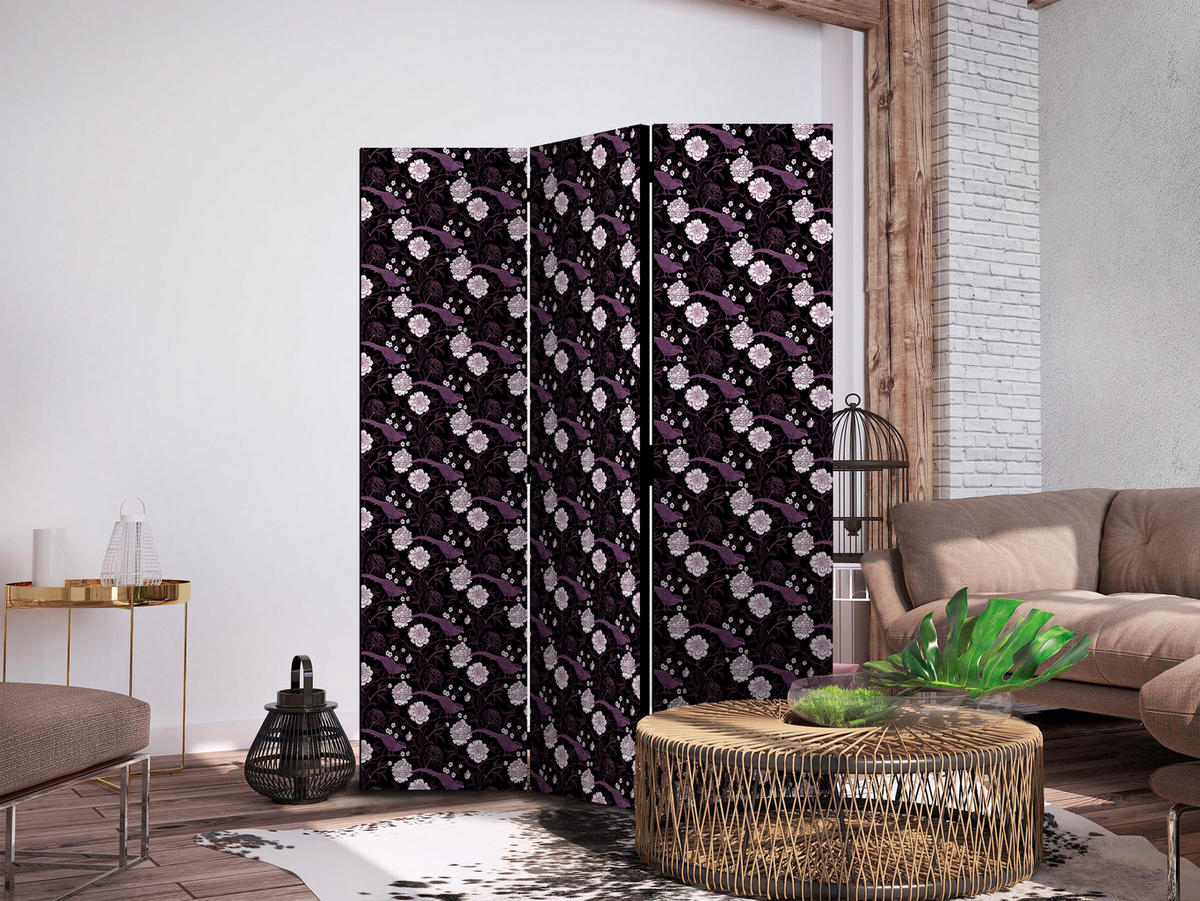 PARAVENT Akustik 3-tlg 135x172 cm V gel und Pfingstrosen - Schwarz, Holz/Textil (135/172/3cm) - Muralo