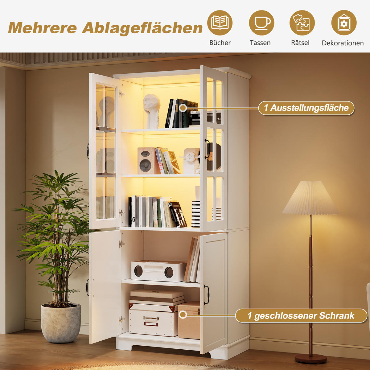 HOCHSCHRANK Weiß 2 Glastüren 2 Türen 5 Regale 180cm Landhaus - Weiß, Holzwerkstoff (80/180/38cm) - FLIEKS