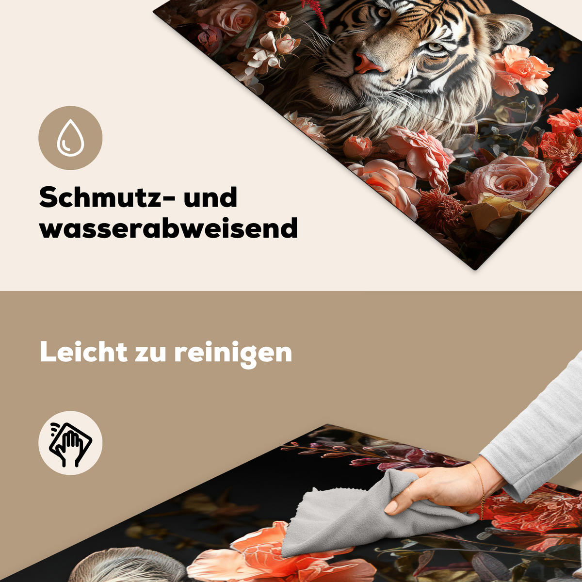 HERDABDECKPLATTE Tiger - Tier - Natur - Floral - Botanisch 90x52 cm - Orange, Kunststoff (90/0.2/52cm) - MuchoWow