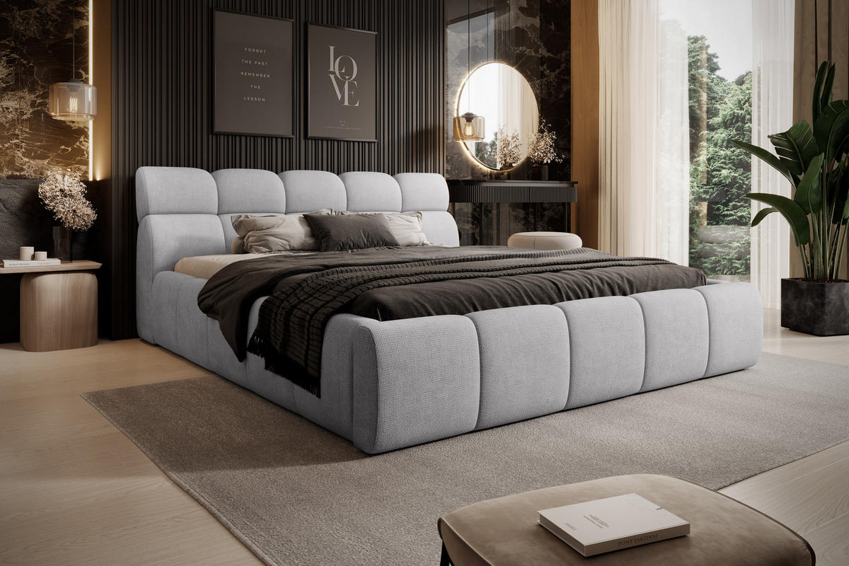 POLSTERBETT GIULIA, komfortabel, mit Bettkasten, verstellbarem Kopfteil und LED, 180x200x96 cm, Farbe Hellgrau - Hellgrau/Schwarz, Holzwerkstoff/Kunststoff (180/200cm) - DomoHome