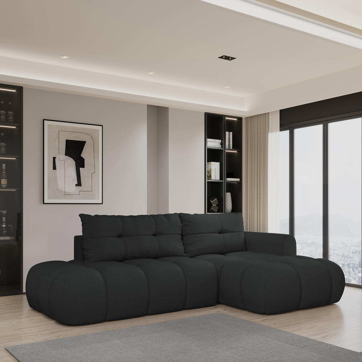 ECKSOFA FLUMA R-S Schwarz Geflochtener Stoff mit Schlaffunktion - Schwarz, Holz (274/165cm) - MASSENO